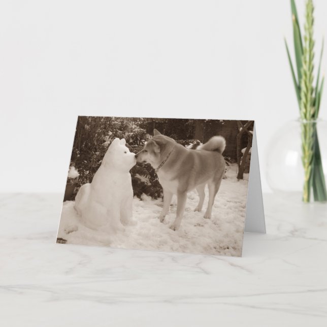cute akita kissing snowman akita photograph holiday card (Front)