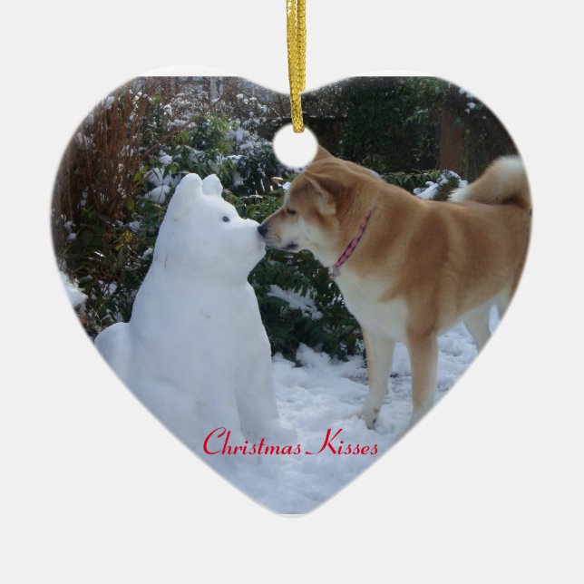 cute akita kissing snowman akita seasonal photo ceramic tree decoration (Front)