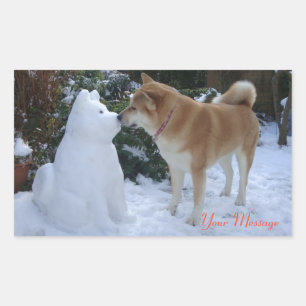 cute akita kissing snowman snow dog at christmas rectangular sticker