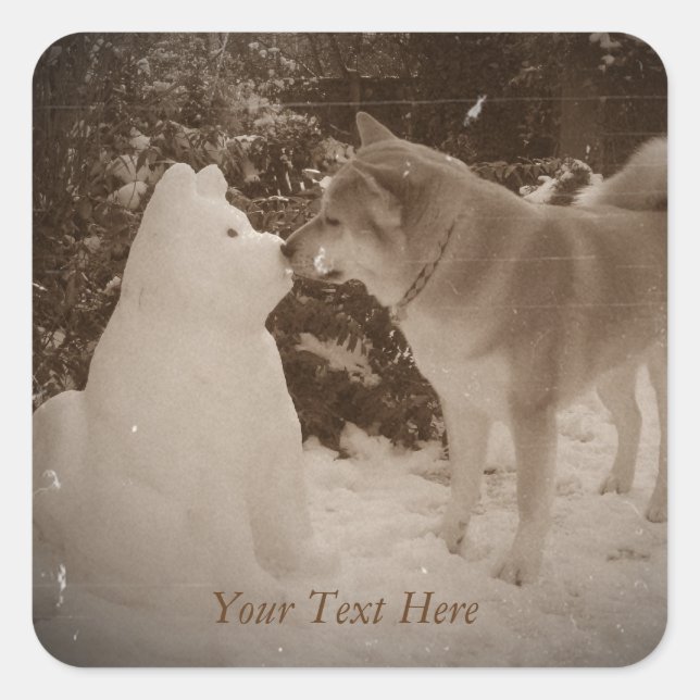 cute akita kissing snowman snow dog at christmas square sticker (Front)