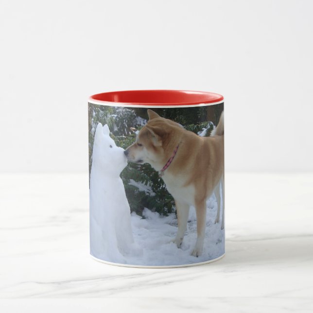 cute akita kissing snowman snow dog mug (Center)