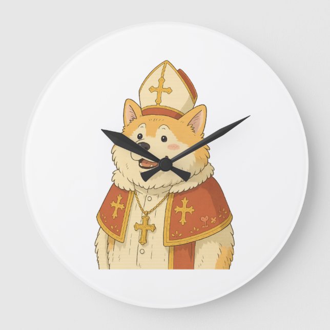 Cute Akita Pope - Funny Dog Design Large Clock (Front)
