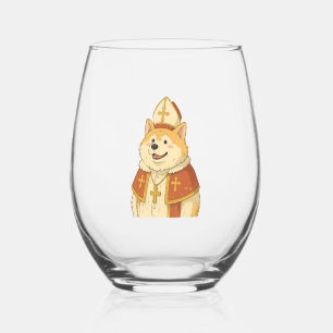Cute Akita Pope - Funny Dog Design Stemless Wine Glass