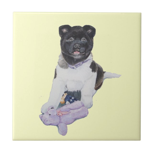 cute akita puppy black white dog with teddy art tile (Front)