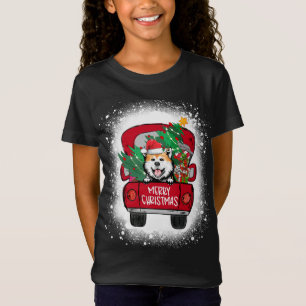 Cute Akita Red Truck Merry Christmas Bleached T-Shirt