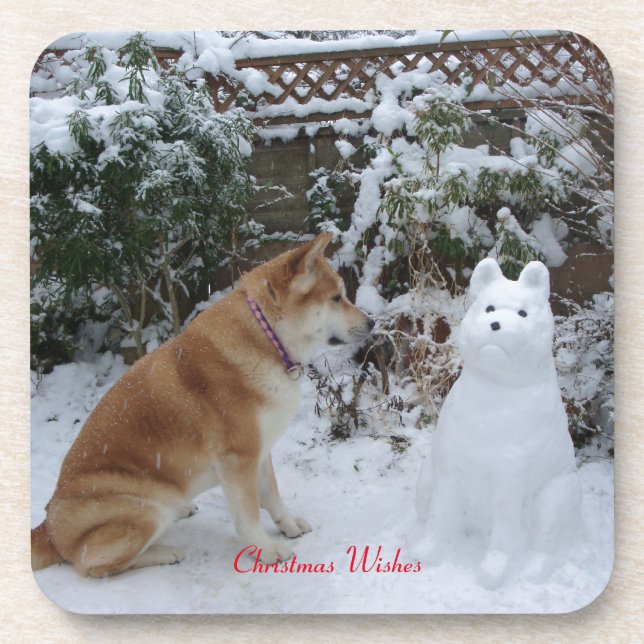 cute akita sitting with snowman in the snow dog coaster (Front)