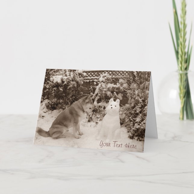 cute akita sitting with snowman snow dog christmas card (Front)