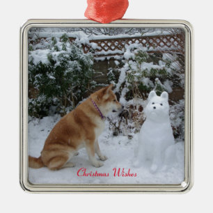 cute akita sitting with snowman snow dog metal tree decoration