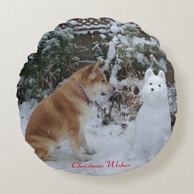cute akita sitting with snowman snow dog round cushion (Front)