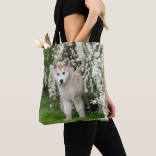 Cute Alaskan Malamute Dog Puppy in Flowers Photo   Tote Bag