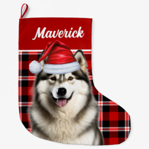 Cute Alaskan Malamute Holiday Plaid Custom Large Christmas Stocking