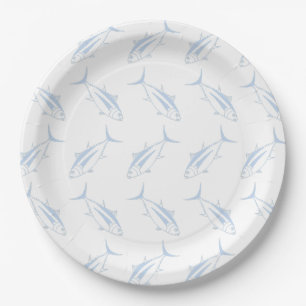 Cute Albacore Tuna Fish in Pastel Blue and White Paper Plate
