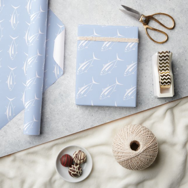 Cute Albacore Tuna Fish in White on Pastel Blue Wrapping Paper (Crafts)