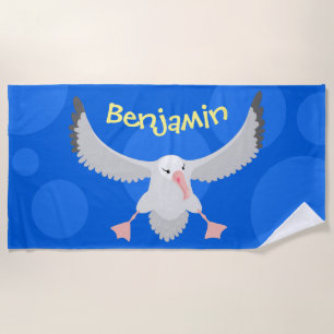 Cute albatross bird flying cartoon illustration beach towel