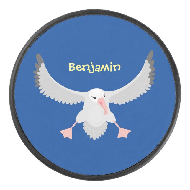 Cute albatross bird flying cartoon illustration hockey puck (Front)