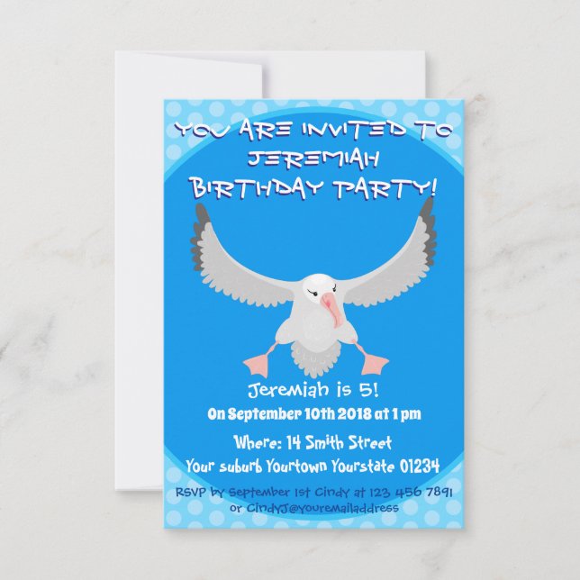 Cute albatross bird flying cartoon illustration invitation (Front)