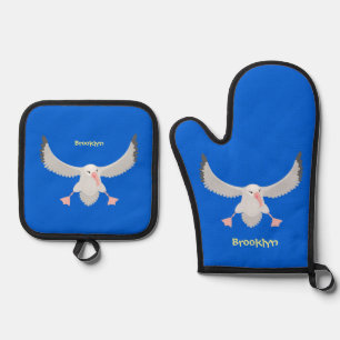 Cute albatross bird flying cartoon illustration oven mitt & pot holder set