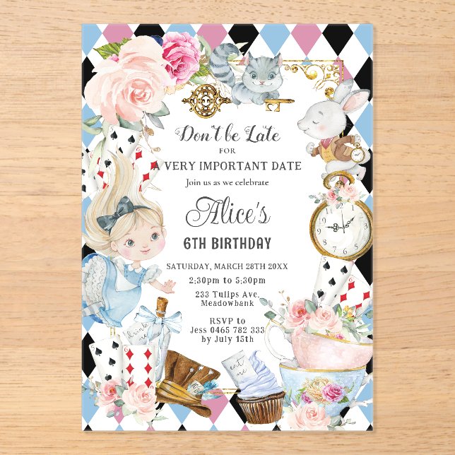 Cute Alice in Wonderland Birthday Tea Party Acrylic Invitations (Front)
