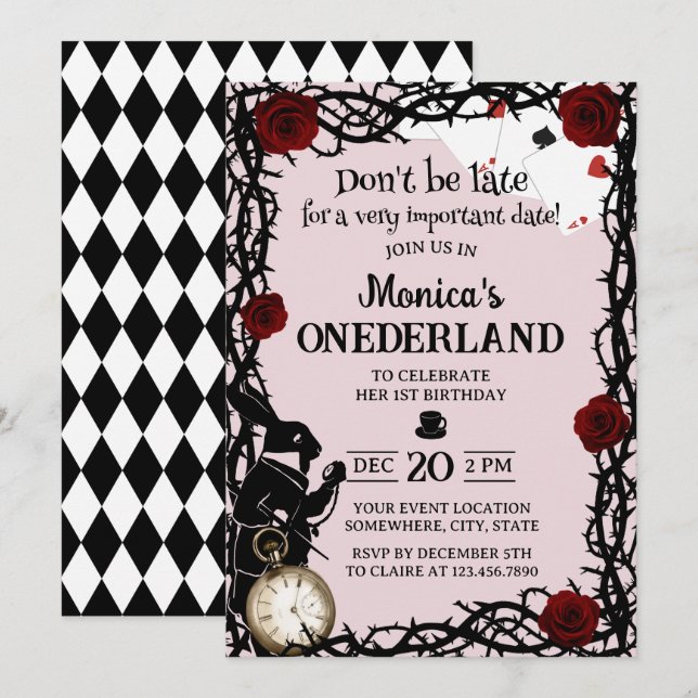 Cute Alice in Wonderland Girl 1st Birthday Pink Invitation (Front/Back)