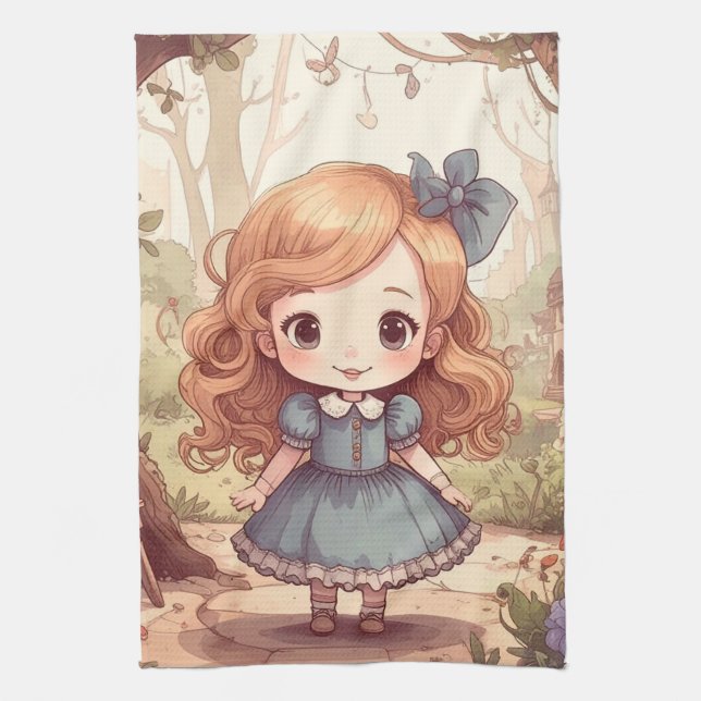 Cute Alice in Wonderland Whimsical Woodland Art Tea Towel (Vertical)