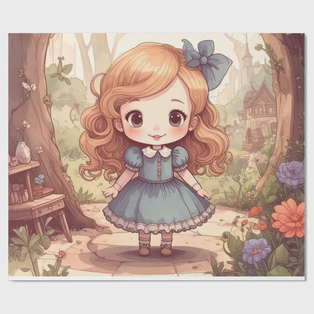 Cute Alice in Wonderland Whimsical Woodland Art Wrapping Paper (Flat)