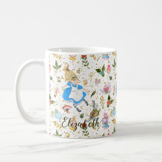 Cute Alice's Adventures in Wonderland Glitter Name Coffee Mug (Left)