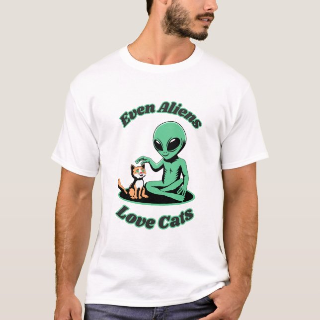 Cute Alien and Cute Cat. Funny Animal T-Shirt (Front)