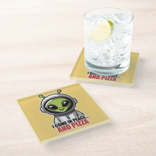 Cute Alien Astronaut "I Come in Peace and Pizza" Glass Coaster
