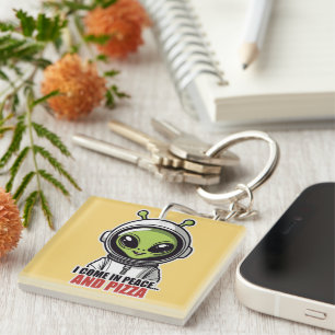 Cute Alien Astronaut "I Come in Peace and Pizza" Key Ring