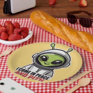 Cute Alien Astronaut "I Come in Peace and Pizza" Paper Plate