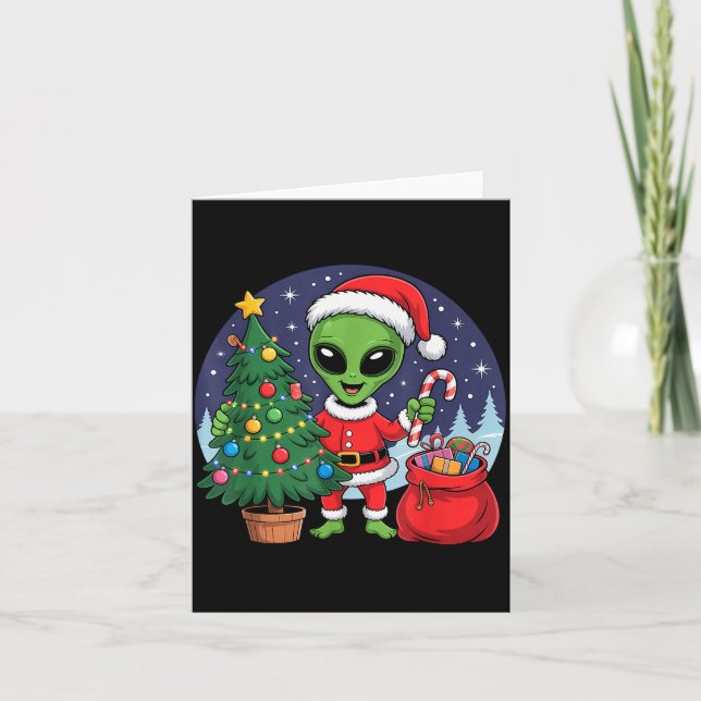 Cute Alien Christmas Tree Lights Xmas Holidays Win Card (Front)