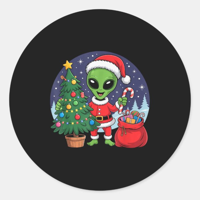 Cute Alien Christmas Tree Lights Xmas Holidays Win Classic Round Sticker (Front)