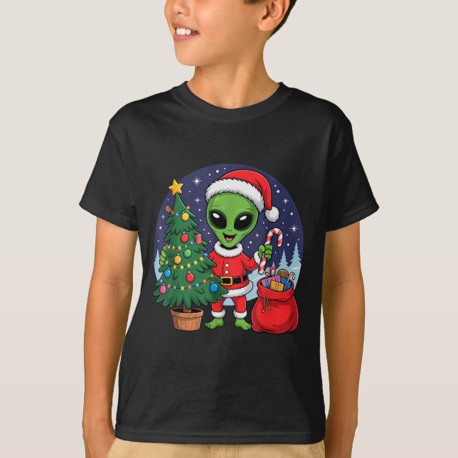 Cute Alien Christmas Tree Lights Xmas Holidays Win T-Shirt (Front)