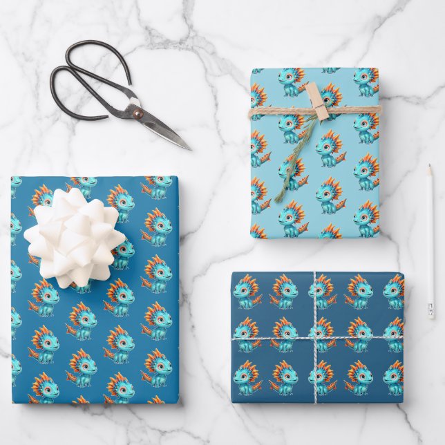 Cute Alien Dragon, Turquoise -  Wrapping Paper Sheet (Front)
