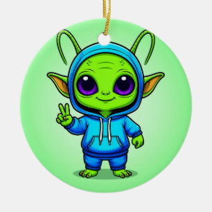 🌈👽 Cute Alien Fashion Pose Cosmic Fun Vibes ✨🛸 Ceramic Tree Decoration