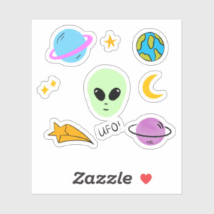 Cute Alien Head with Planets, UFO and Stars