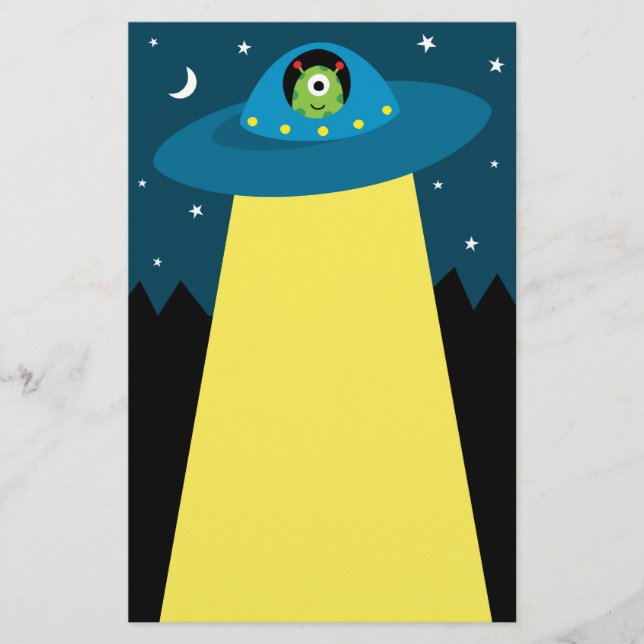 Cute alien in flying saucer spaceship children's stationery (Front)