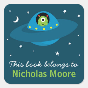 Cute alien in space personalised bookplate book square sticker