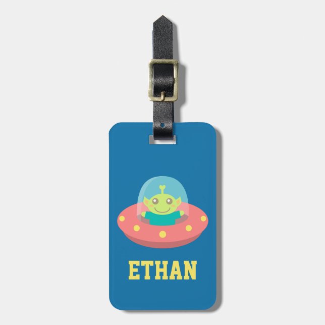 Cute Alien in Spaceship Kids Personalised Luggage Tag (Front Vertical)
