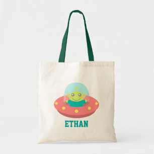 Cute Alien in Spaceship Outer Space Name Tote Bag