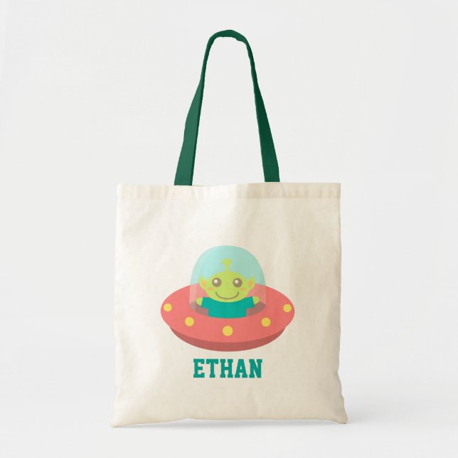 Cute Alien in Spaceship Outer Space Name Tote Bag (Front)
