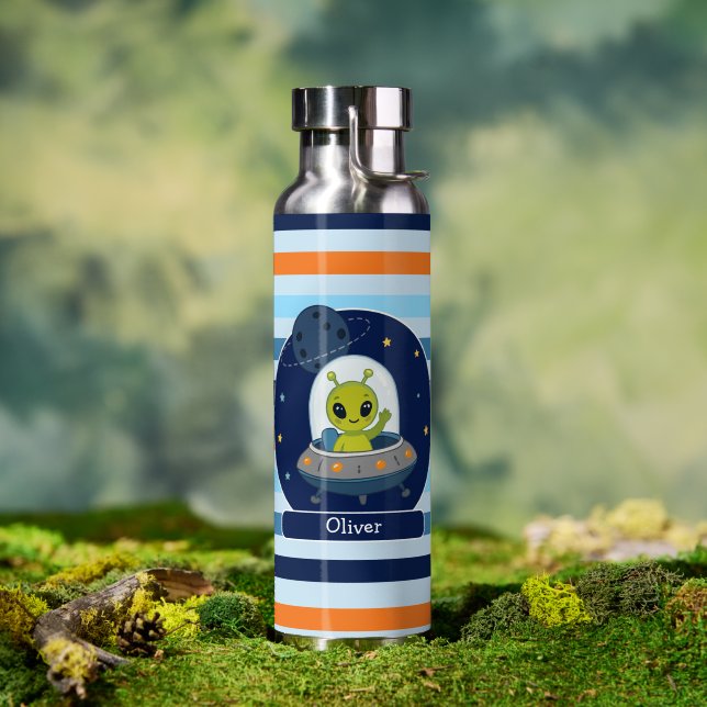 Cute Alien in UFO Outer Space Kids Name  Water Bottle (Outdoor (Rotated))