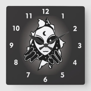 Cute Alien Peeking Through a Hole in the Wall Square Wall Clock