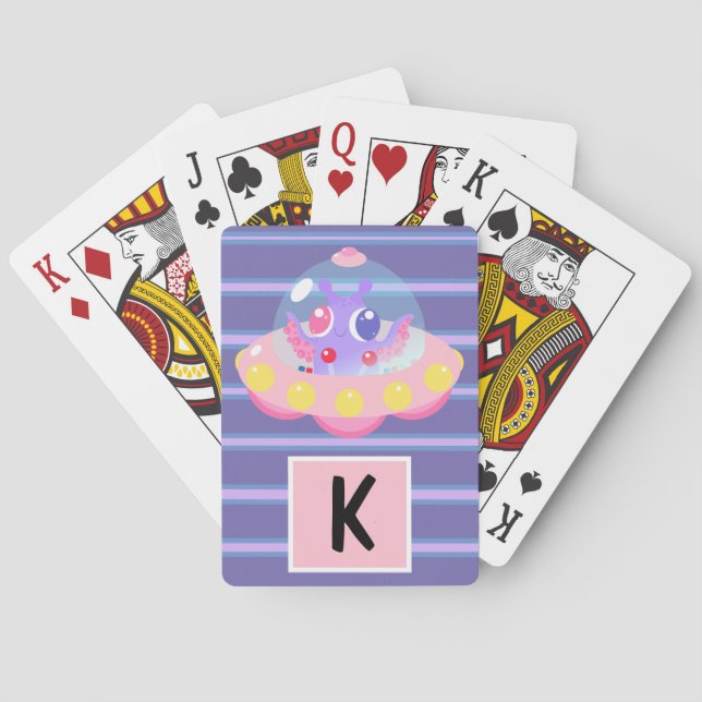 Cute Alien Purple Striped Playing Cards (Back)