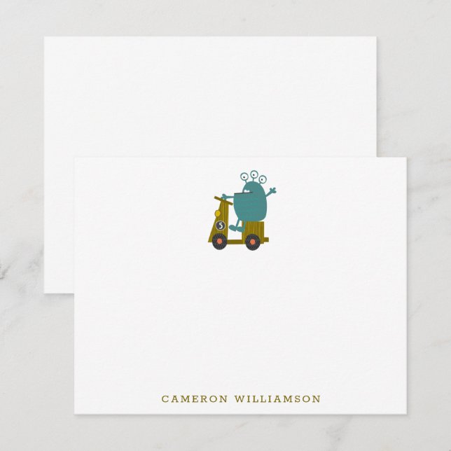 Cute Alien Racing Scooter Personalised Stationery Thank You Card (Front/Back)