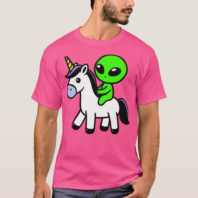 Cute Alien Riding Unicorn T-Shirt (Front)
