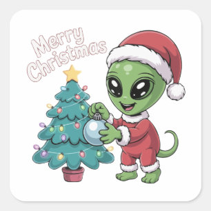 Cute Alien Santa Claus Funny Christmas Holiday Square Sticker