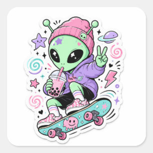 Cute Alien Skater design Square Sticker
