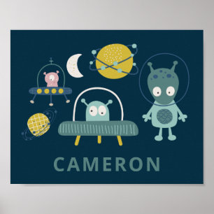 Cute Alien Space Planets Funny Blue Personalised Poster