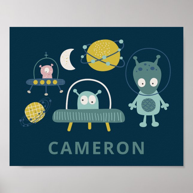 Cute Alien Space Planets Funny Blue Personalised Poster (Front)